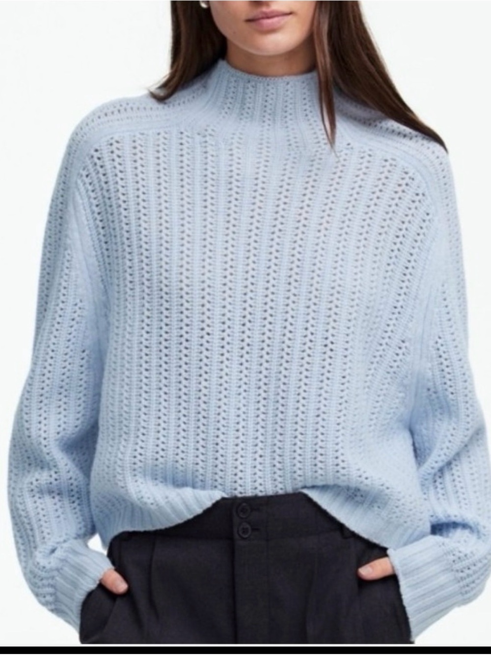 Madewell Pointelle Mockneck Sweater 100% Merino Wool Blue Small